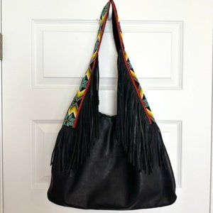 Syra Carus Fringe Nubuck Hobo Bag Black